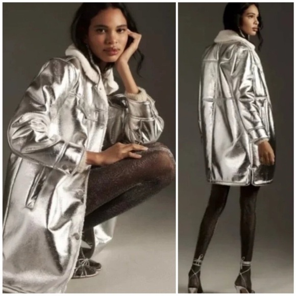 Y2K Silver Faux Shearling Long Coat Metallic Spacecore Teddy Jacket S Winter - Picture 2 of 9